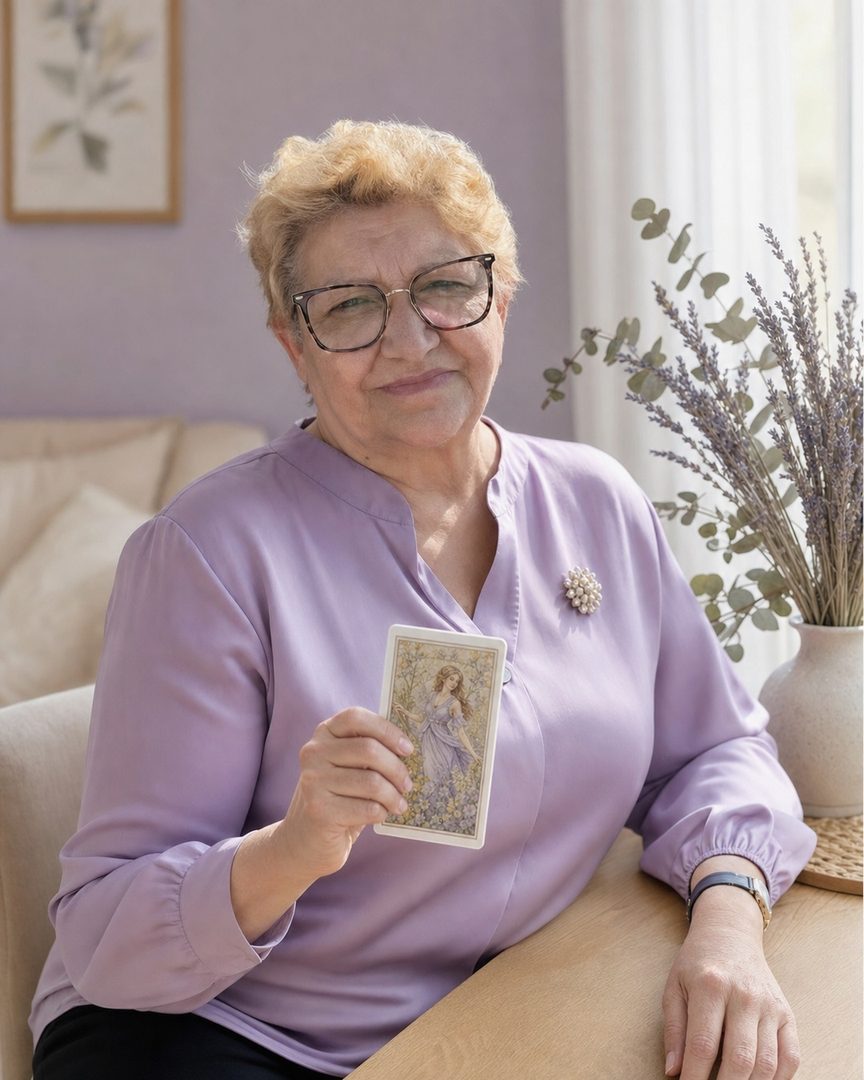 A Maria de Jesus a mostrar uma carta de tarot